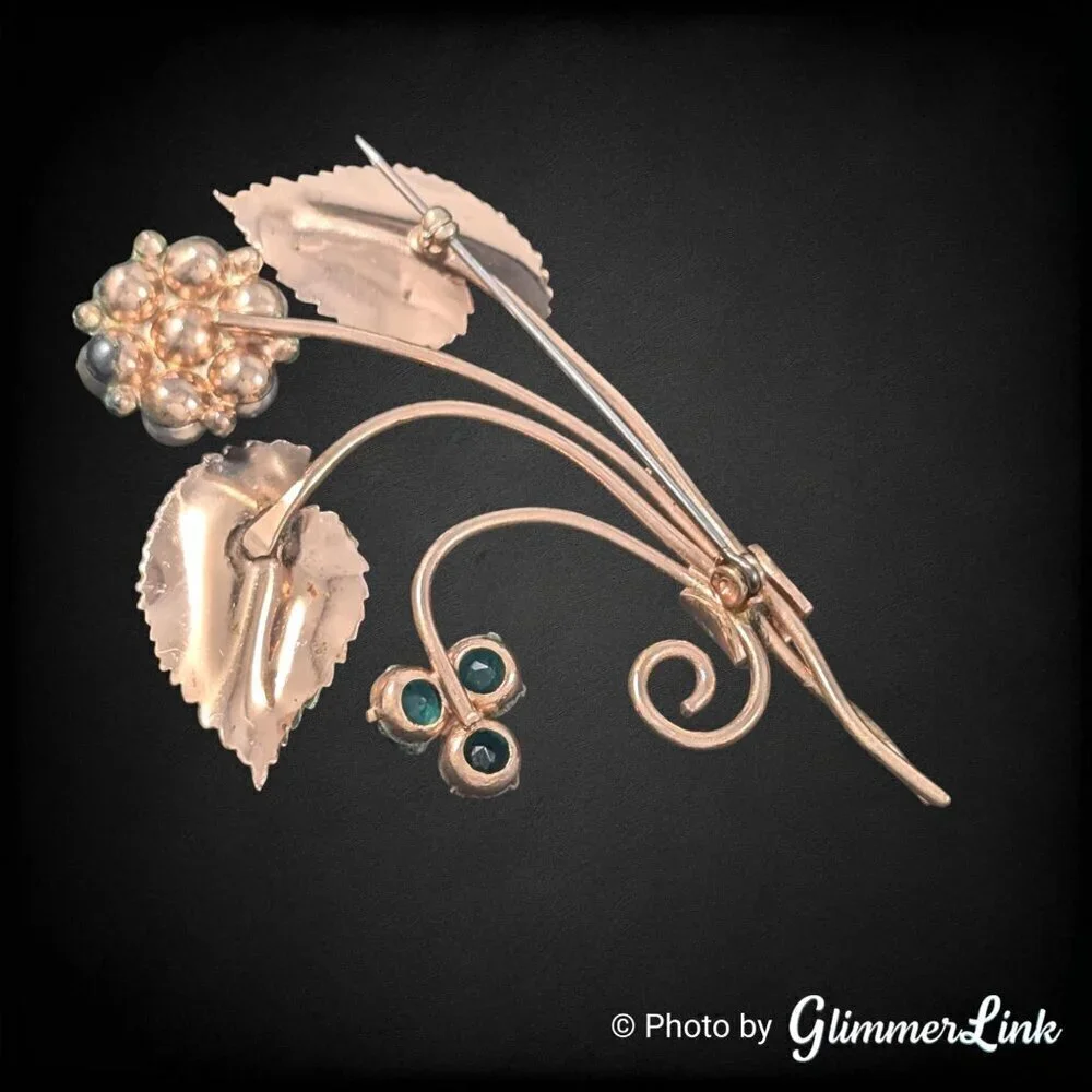 Vintage Rose Gold Tone Floral Spray Brooch Faux Pearl Green Rhinestone 1940s 50s